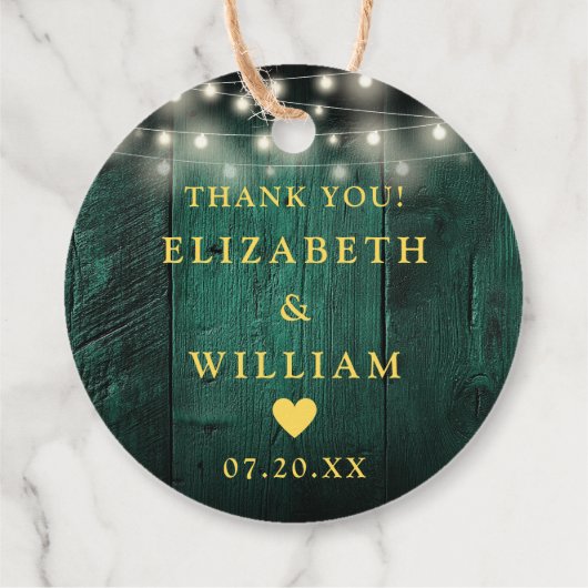 Grüne String Lights Rustic Wood Boho Barn Wedding Geschenkanhänger (Rückseite)