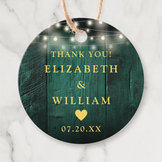 Grüne String Lights Rustic Wood Boho Barn Wedding Geschenkanhänger (Vorderseite)