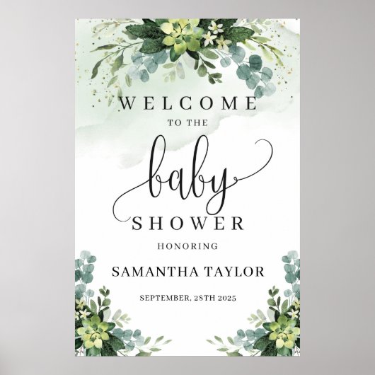 Grüne sukkulente Babydusche Begrüßungszeichen Poster (Vorne)
