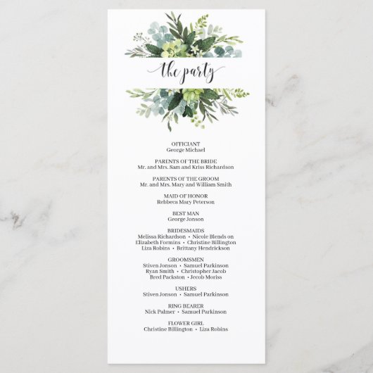 Grüne sukkulente Blütengoldenhochzeit Programm (Rückseite)