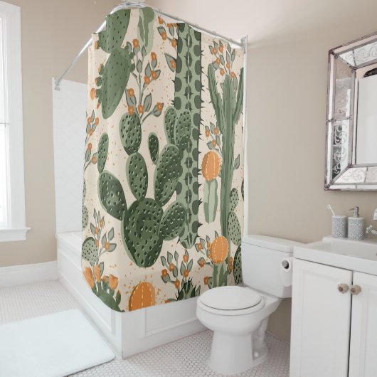 Grüne Sukkulente, orangefarbene Blume, Strandtapet Duschvorhang (Beispiel)