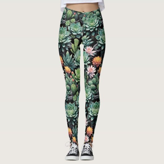 Grüne Sukkulente und blühende Kakteen Blume Schwar Leggings (Vorderseite)