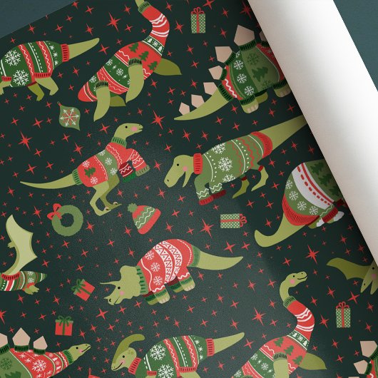 Grüne süße Dinosaurier-Weihnachts-Pullover Geschenkpapier