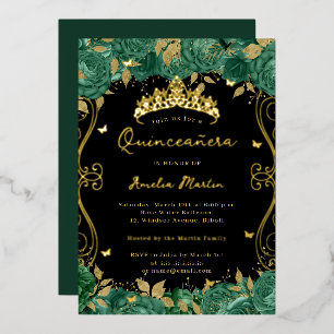 Grüne Swirl Scroll Floral Quinceanera Folieneinladung