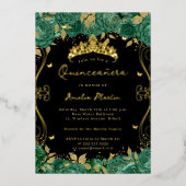 Grüne Swirl Scroll Floral Quinceanera Folieneinladung (Vorderseite)
