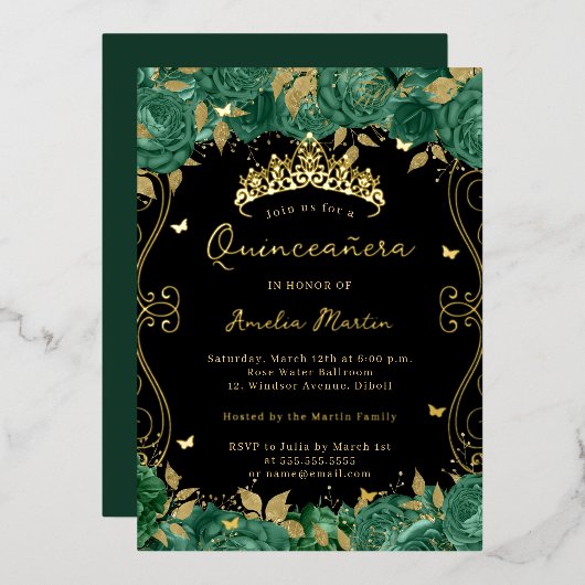 Grüne Swirl Scroll Floral Quinceanera Folieneinladung (Vorderseite/Rückseite)