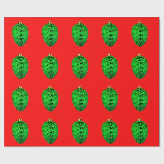 Grüne Tannenzapfen-Ornamente Rotes Geschenkpapier (Flach)