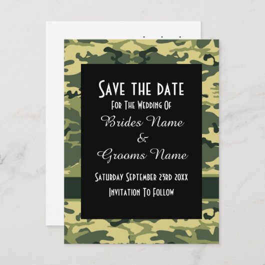 Grüne Tarnung Save the Date Ankündigungspostkarte (Vorne/Hinten)