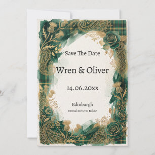 Grüne Tartan-Distel-Rosen-Gold-Save-the-Date-Karte Save The Date