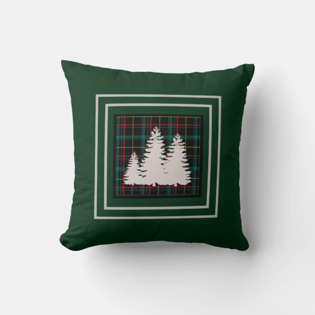 Grüne Tartan Karierte Pine Tree Silhouette Kissen (Vorderseite)