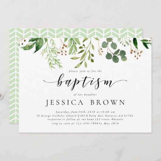 Grüne Taufbecken Aquarell Taufe-2 Einladung (Vorne/Hinten)
