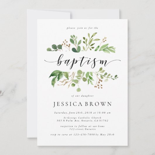 Grüne Taufbecken Aquarell Taufe Einladung (Vorderseite)