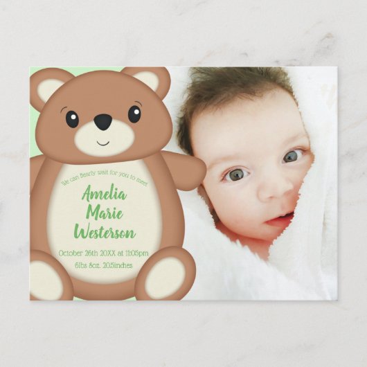 Grüne Teddy Bär Geburtserklärung Postkarte (Vorderseite)