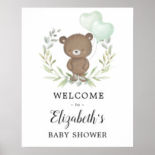 Grüne Teddy Bear Neutral Baby Dusche Willkommen Poster