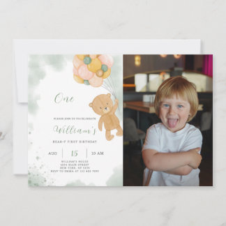 Grüne Teddy Geburtstagseinladung mit Foto Einladung