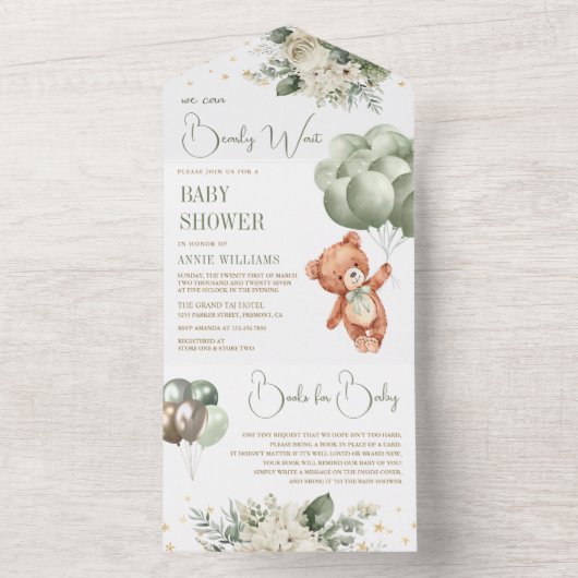 Grüne Teddybären-Balloons Blumenjungen Dusche All In One Einladung (Innen Boden)
