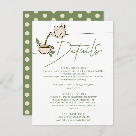 Grüne Tee Party Hochzeiten Details Begleitkarte (Vorne/Hinten)