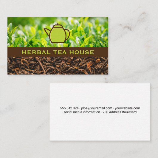 Grüne Teekanne | Tee-Pflanze und getrockneter Tee Visitenkarte (Vorne/Hinten)