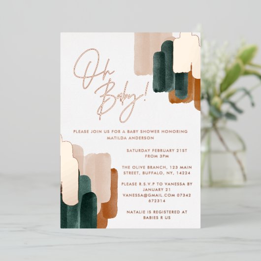 Grüne Terracotta abstrakte Aquarellni Babydusche Folieneinladung (Stehend vorne)