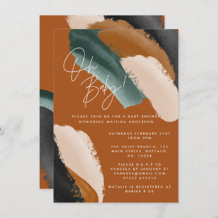 Grüne Terrakotta abstrakte Aquarellnymbole Babydus Einladung