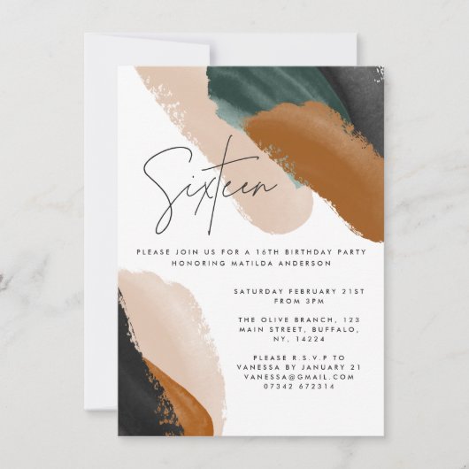 Grüne Terrakotta abstrakte Wasserfarbe 16. Geburts Einladung (Vorderseite)