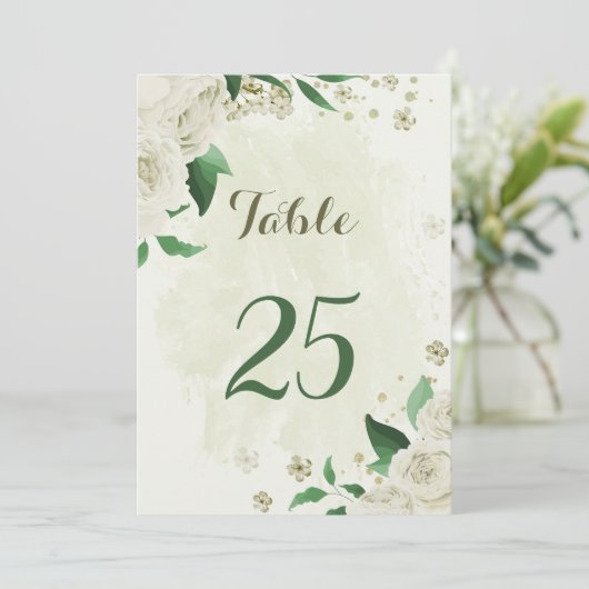 Grüne Tischnummer aus Elfenbein, weiße Blume (Stehend Vorderseite)