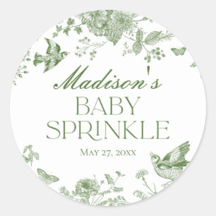 Grüne Toile De Jouy Vintage Blumen Baby Sprinkle Runder Aufkleber
