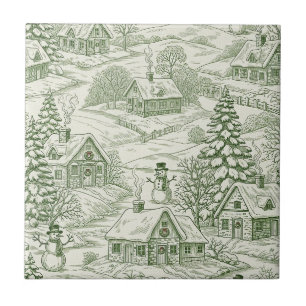 Grüne Toile Vintage-Weihnachtsdorf-Muster (3) Fliese