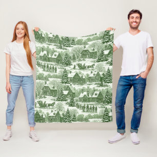 Grüne Toile Vintage-Weihnachtsdorf-Muster Fleecedecke