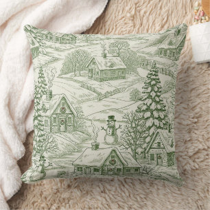 Grüne Toile Vintage-Weihnachtsdorf-Muster Kissen