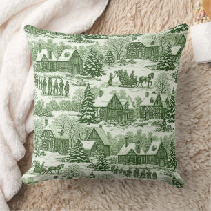 Grüne Toile Vintage-Weihnachtsdorf-Muster Kissen
