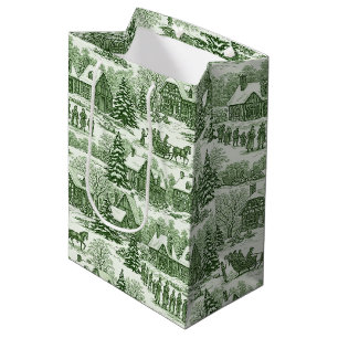 Grüne Toile Vintage-Weihnachtsdorf-Muster Mittlere Geschenktüte