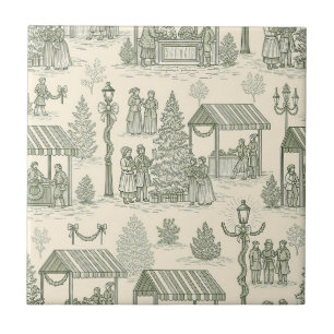 Grüne Toile Vintage-Weihnachtsdorfszene (2) Fliese