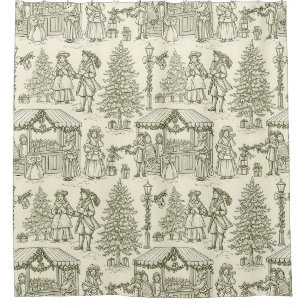 Grüne Toile Vintage-Weihnachtsdorfszene Duschvorhang