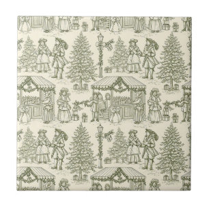 Grüne Toile Vintage-Weihnachtsdorfszene Fliese