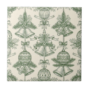 Grüne Toile-Weihnachtsglocken & Ornament-Muster Fliese