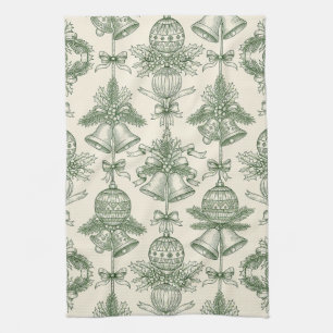 Grüne Toile-Weihnachtsglocken & Ornament-Muster Geschirrtuch