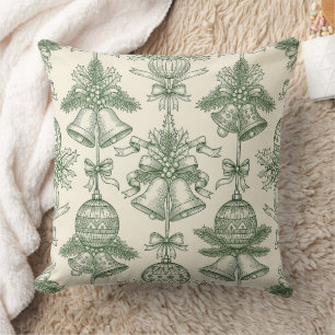 Grüne Toile-Weihnachtsglocken & Ornament-Muster Kissen