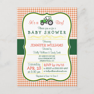 Grüne Traktor-Jungen-Baby-Shower-Einladung Einladungspostkarte