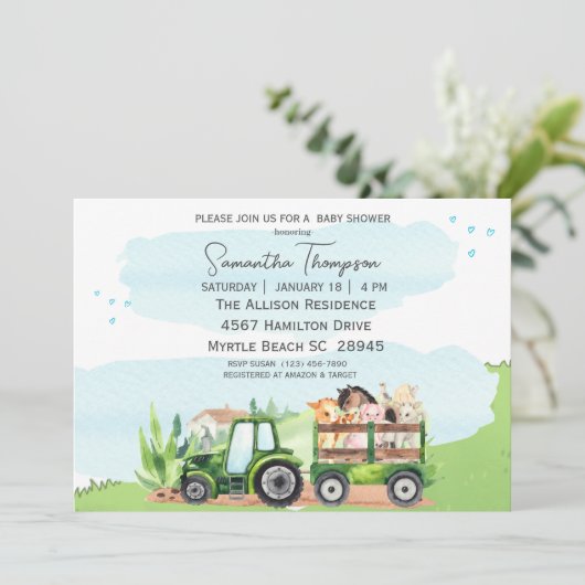 Grüne Traktorendusche für Landtiere Einladung (Stehend Vorderseite)