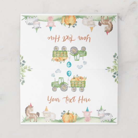 Grüne Traktorenfarm Tiere Geburtstag Platzkarte (Außenseite Aufgefaltet)