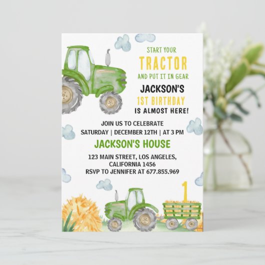 Grüne Traktorfarm Einladung zum Geburtstag (Stehend Vorderseite)