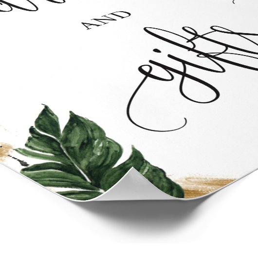 Grüne tropische Blätter Goldkarten und Geschenkzei Poster (Ecke)