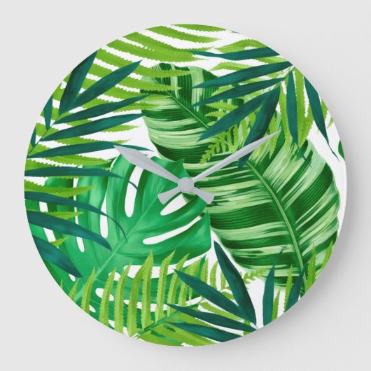 Grüne tropische Blätter Große Wanduhr (Vorderseite)
