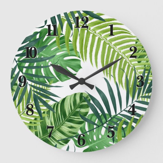 Grüne tropische Blätter Große Wanduhr (Vorderseite)