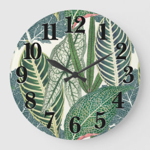 Grüne tropische Blätter Große Wanduhr
