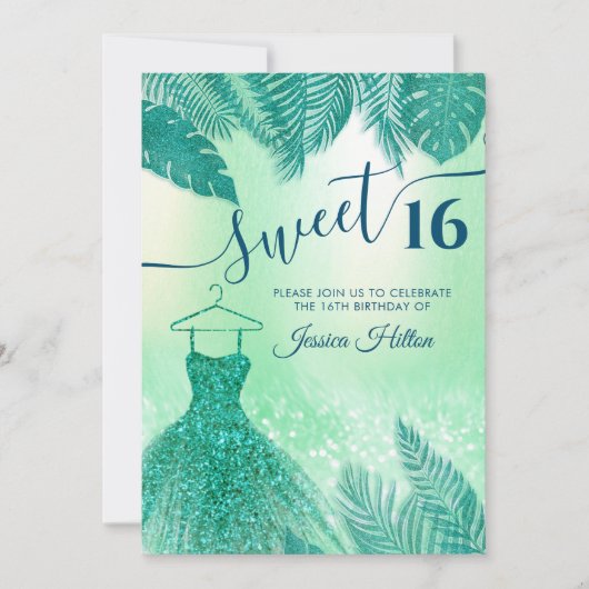 Grüne tropische Blätter kleiden 16 . Geburtstag Einladung (Vorderseite)