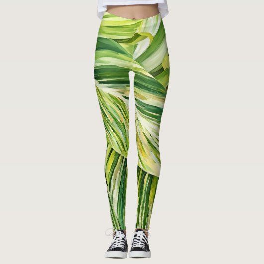 Grüne tropische Blätter Kunst Leggings (Vorderseite)