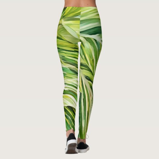 Grüne tropische Blätter Kunst Leggings (Rückseite)