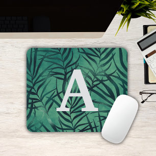 Grüne tropische Blätter Mit Monogramm Mousepad